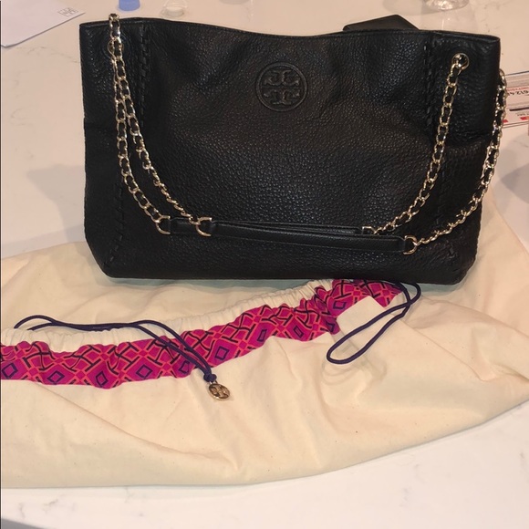 TORY BURCH Marion Black Leather Shoulder Tote - Picture 1 of 6